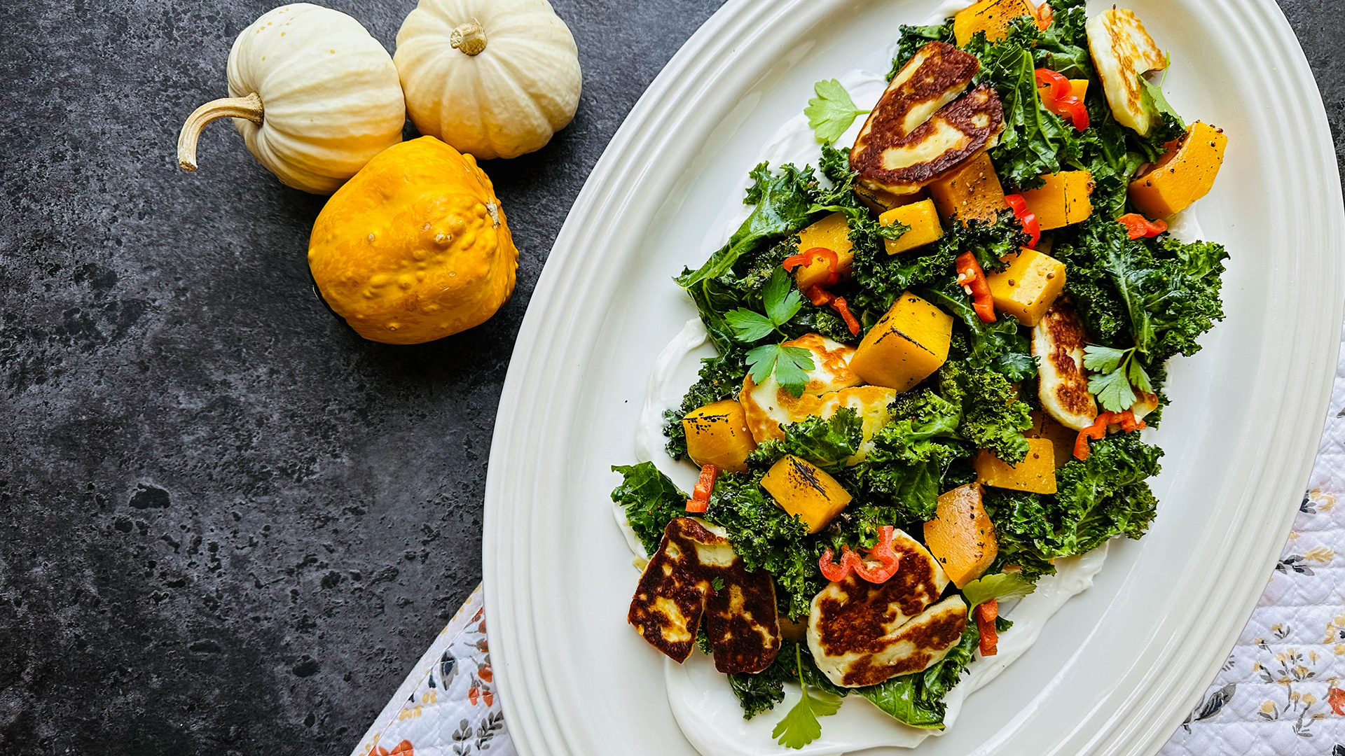 Roasted Squash with Greens and Halloumi