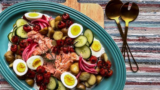 Composed Salmon Salad with Whipped Feta Dressing and Pickled Onions