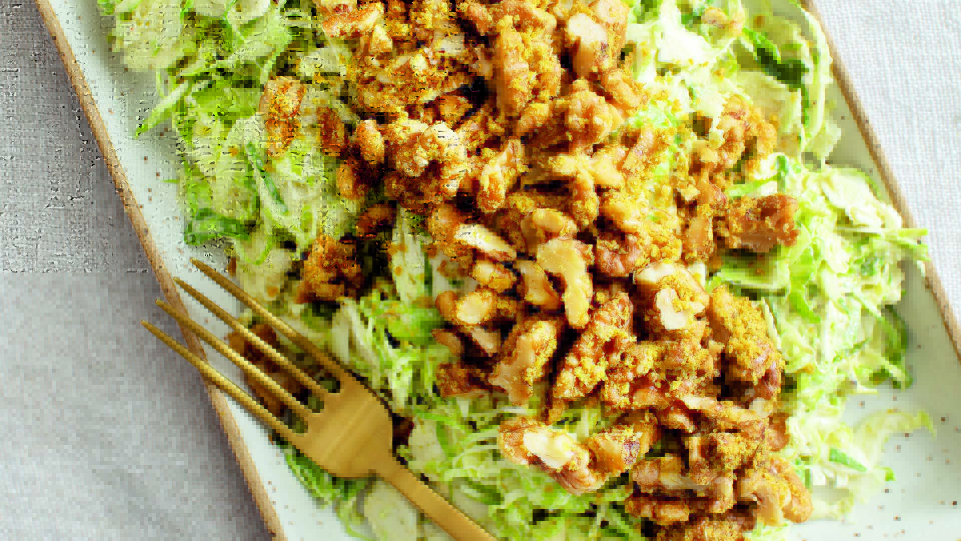 Brussels sprouts Caesar with garlicky walnuts