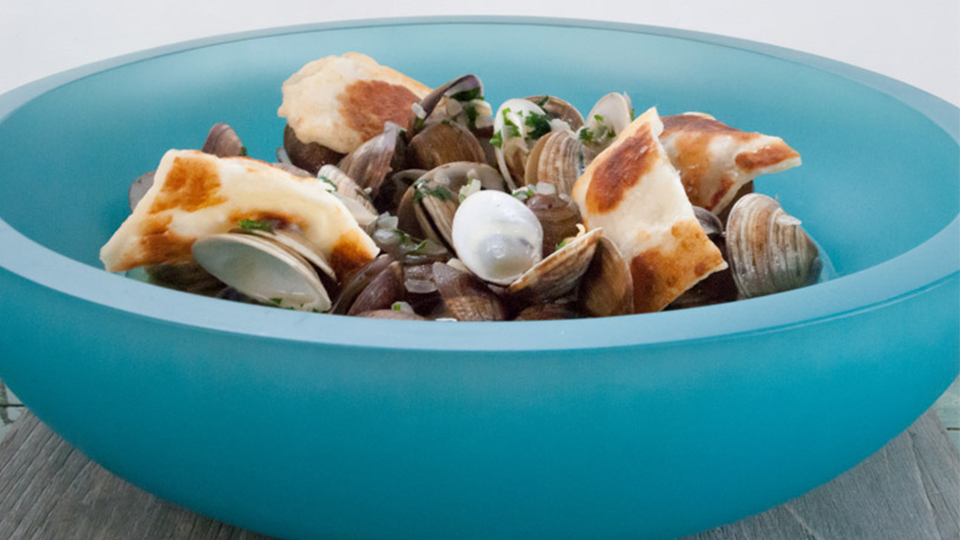 Beer steamed clams with grilled gozleme