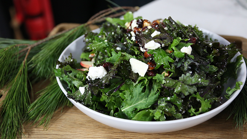 Kale salad with apples, dried cranberries, hazelnuts and fromage frais