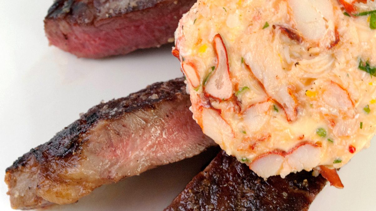 Grilled rib eye steak with lobster butter