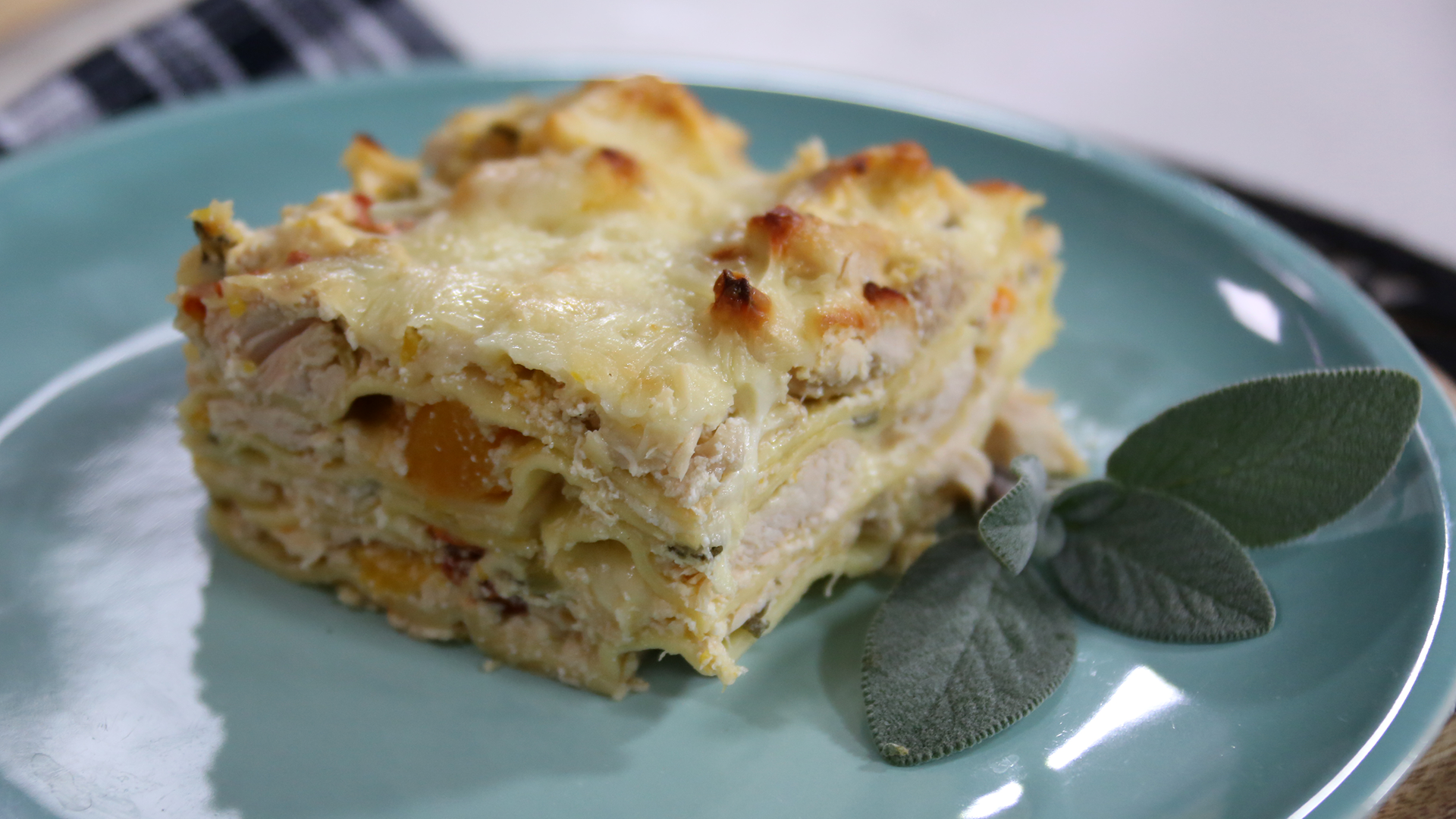 Autumn lasagna with chicken, squash and sage