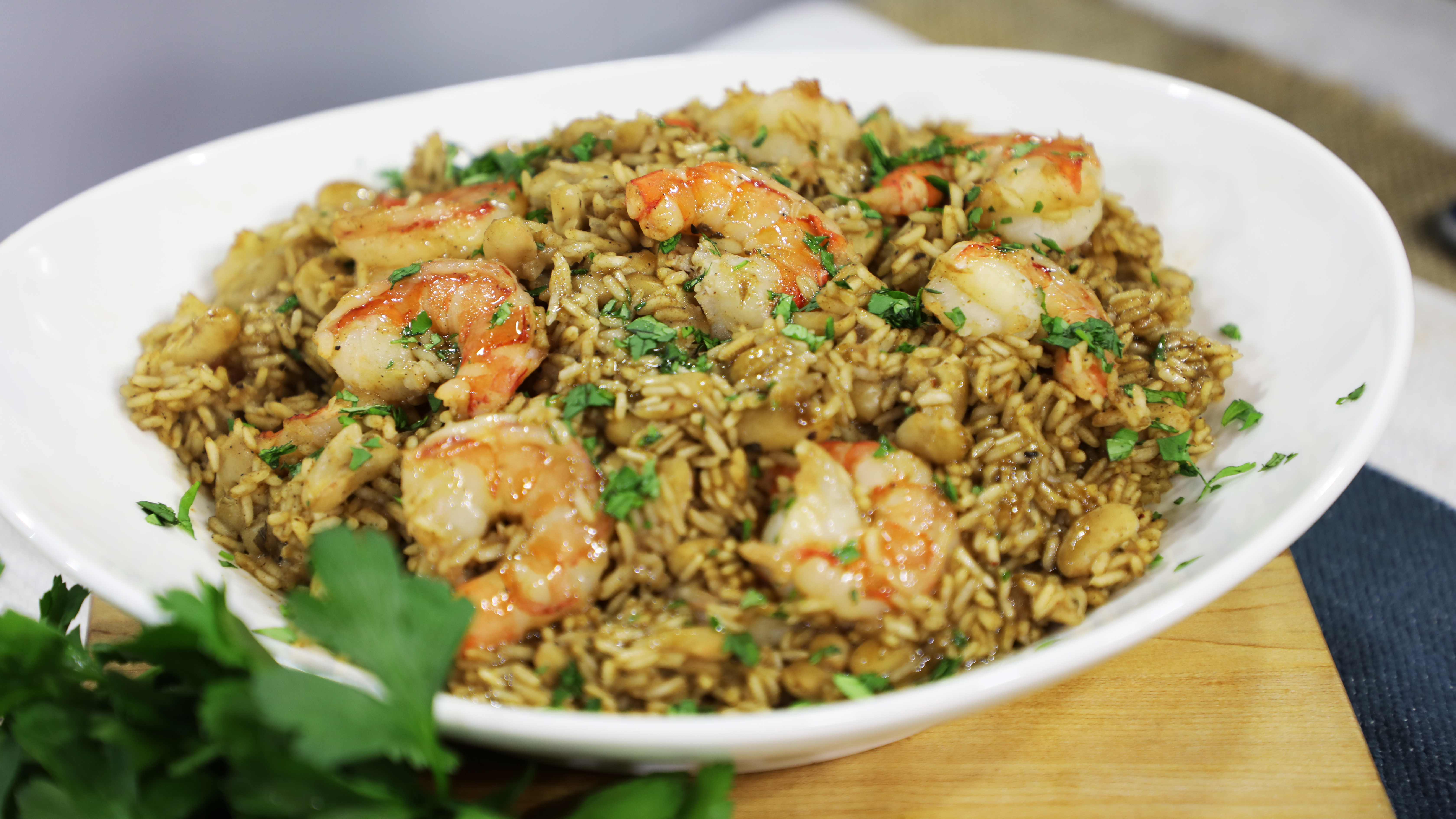 Jerk shrimp with rice and beans