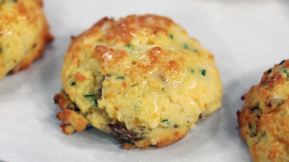 Low-carb sausage, cheddar and chive biscuits
