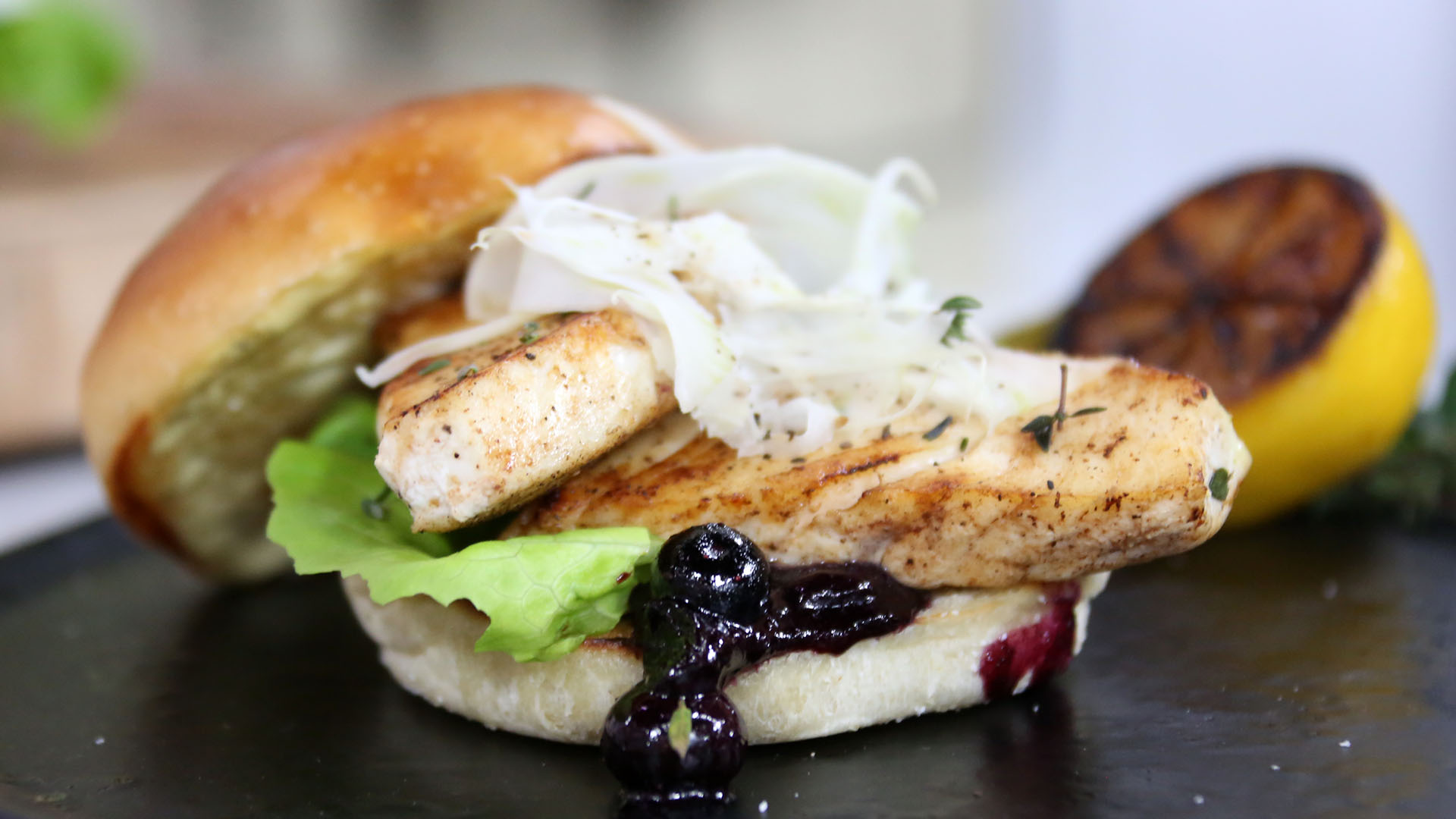 Halibut burger with blueberry relish